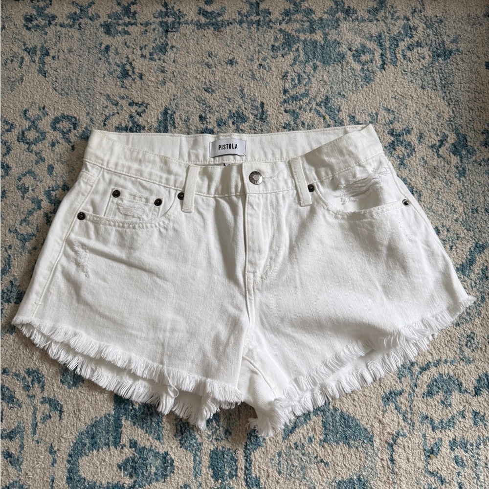 Pistola Mid Rise Frayed Hem White Jean Shorts 25